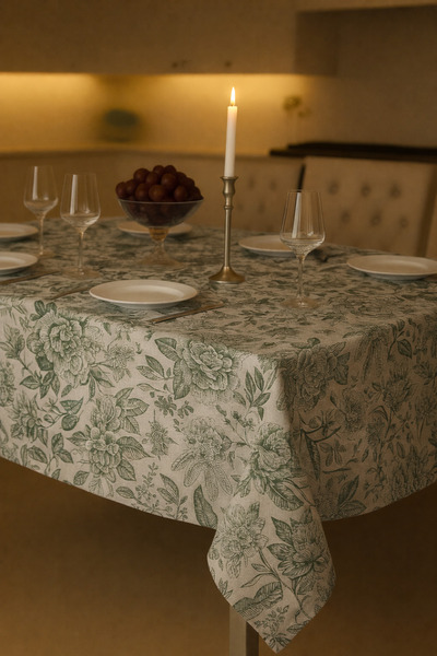 Rona Home مفرش طاولة مستطيل فاخر من القطن والكتان بنمط زهور خضراء - قماش عالي...