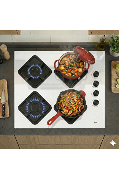 AFM tech BD2201 4 Gözlü Beyaz Cam Ankastre Gazlı Ocak – Emaye Izgara, Doğalga...