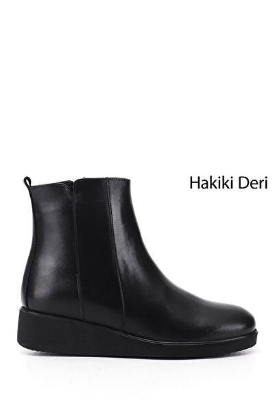GÖNDERİ(R) Women's Black Zippered Wedge Heeled Genuine Leather Boots