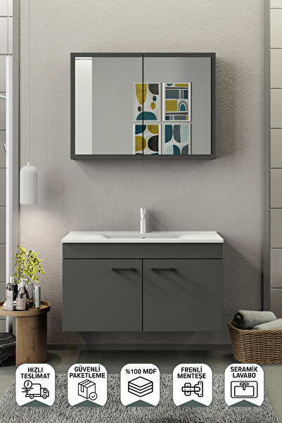 BİANİ FİX Loft 100 Cm Banyo Dolabı Renk Mat Gri