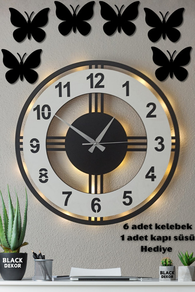 Blackdekor Siyah Beyaz Işıklı 40 Cm Ahşap Duvar Saati | Modern Ve Şık Dekorat...