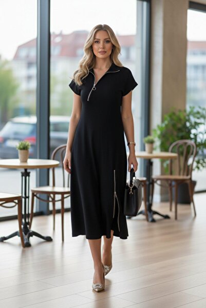Mossta Rochie midi cu mânecă scurtă cu fermoar, neagră