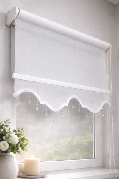 BULUT ÇİFT MEKANİZMALI ÖZEL KESİM BONCUKLU 1,SINIF KALİTE KETEN BEYAZ TÜL, %8...