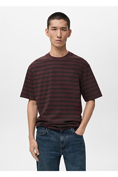 MANGO Man %100 pamuklu çizgili relaxed fit tişört