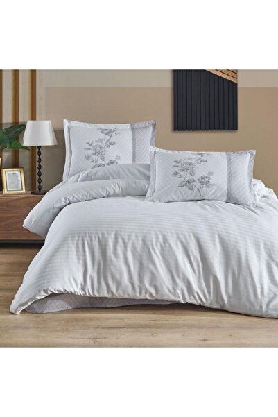 Clasy Boutique Series Striped Ranforce Double Duvet Cover Set Suave V7 White