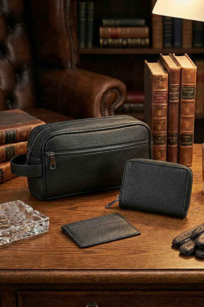 Duke Nickle Erkek Siyah Vegan Deri El Çantası Ve Fermuarlı Cüzdan & Kartlık S...