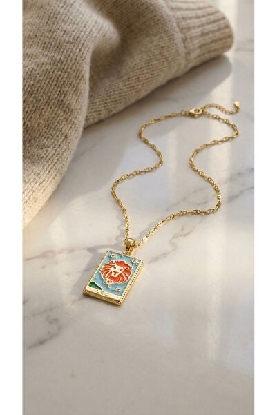 FerizZ Çelik Kolye, Altın Kaplama Aslan Burcu Kadın Kolye K-136