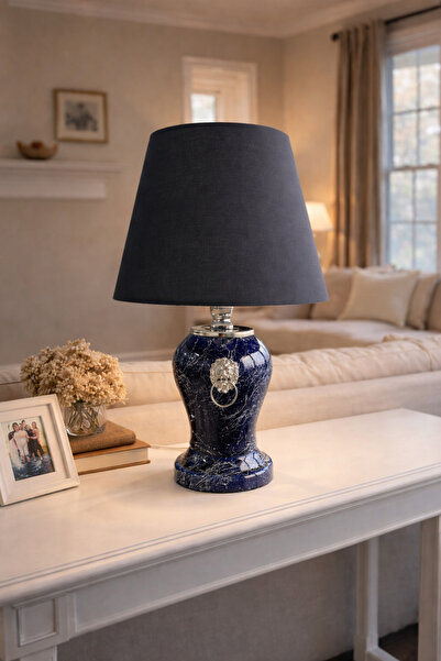 ferayhome Abajur Aydınlatma Şah Aslanlı Lacivert Gümüş Mermer Siyah Şapka GÜM...