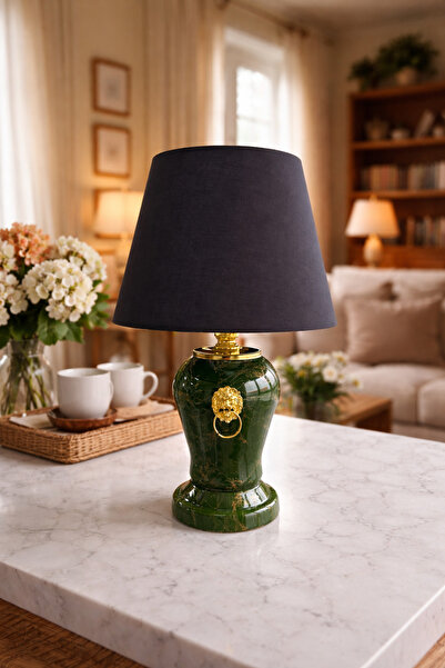 ferayhome Abajur Aydınlatma Şah Aslanlı Yeşil Gold Mermer Siyah Şapka Gold - ...
