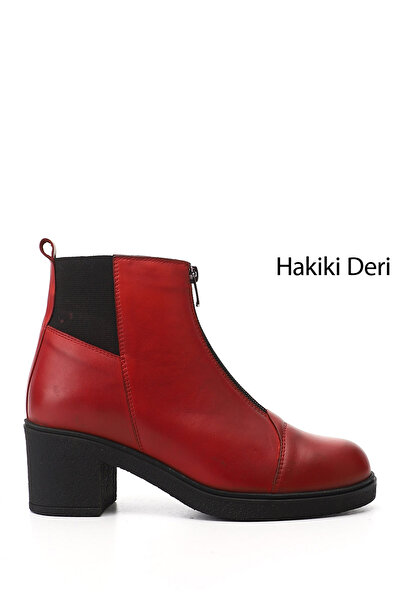 GÖNDERİ(R) Women's Red Zippered Thick Heeled Genuine Leather Boots