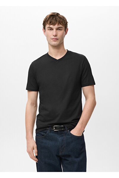 MANGO Man %100 pamuklu dar kesim V yaka tişört