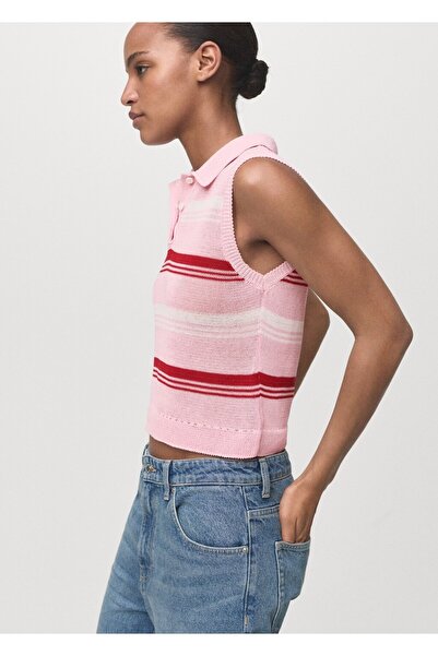 MANGO Woman Çizgili triko polo yaka bluz
