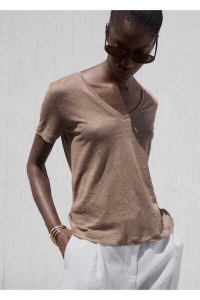 MANGO Woman V yakalı keten tişört