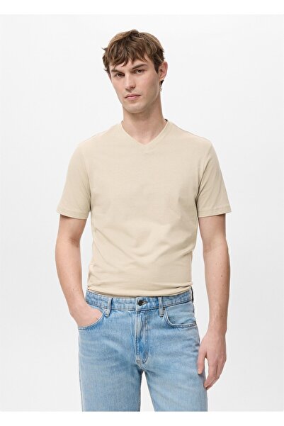 MANGO Man %100 pamuklu dar kesim V yaka tişört