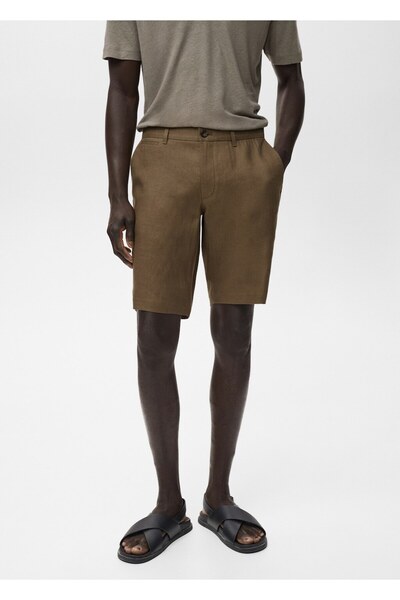 MANGO Man Dar kesim %100 keten bermuda şort