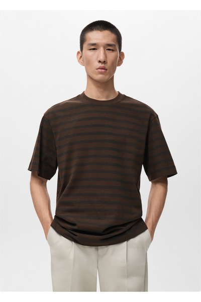 MANGO Man %100 pamuklu çizgili relaxed fit tişört