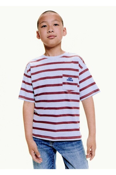 MANGO Kids İşlemeli detaylı çizgili tişört