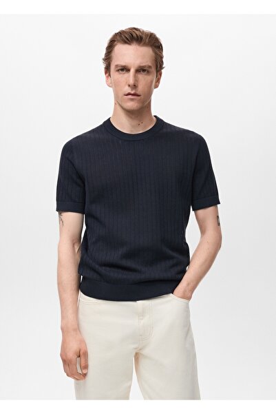 MANGO Man Çizgili ajur örgü pamuklu tişört