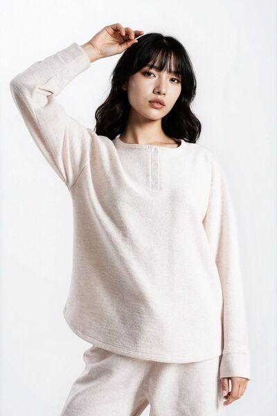 Ecrou Set de pijamale pentru femei Stone Melange Waffle cu nasturi cu mâneci ...