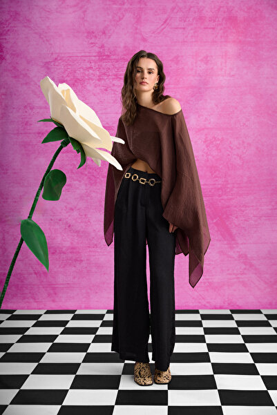 Quzu Fularlı Panço Bluz Kahverengi