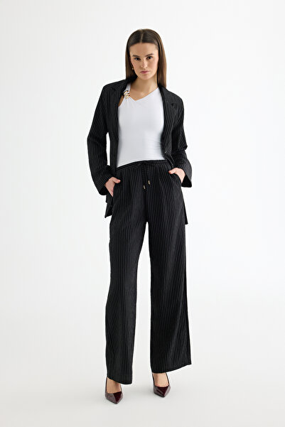 Quzu Striped Lace-Up Wide Leg Trousers Black