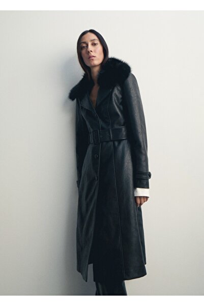 MANGO Woman Kürk yaka deri görünümlü palto