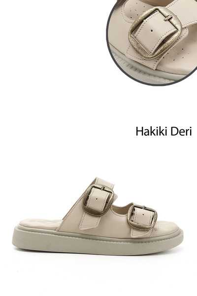 GÖNDERİ(R) Women's Beige Buckle Wedge Sole Genuine Leather Comfort Slippers