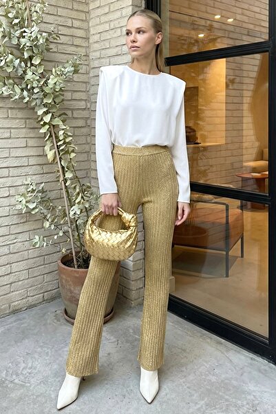 lamea Γυναικείο Πλεκτό Παντελόνι με Κορδόνια – Ψηλόμεσο, Ελαστική Υφή, Χρυσό