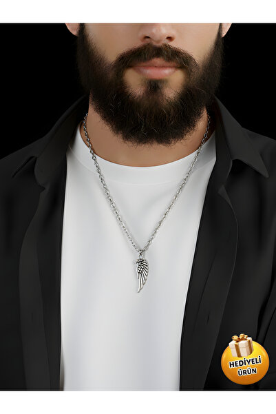 Piercing Market Steel & Silver Erkek Gümüş Renk Melek Kanadı Figürlü Kolye