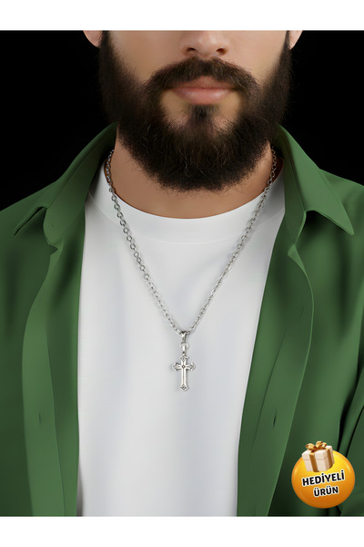 Piercing Market Steel & Silver Erkek Gümüş Renk Haç Figürlü Tasarım Kolye