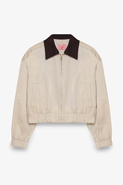 Quzu Μπουφάν Bomber με φερμουάρ με γιακά αντίθεσης Μπεζ