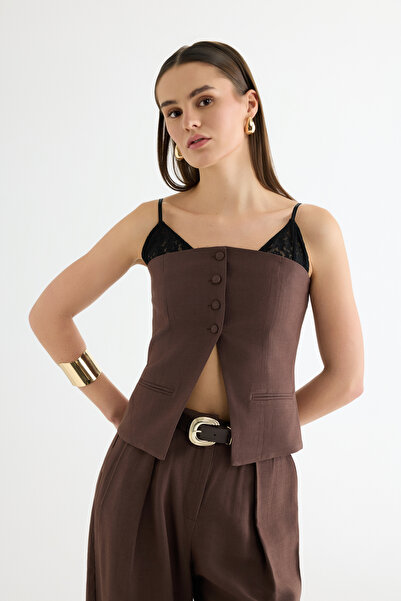 Quzu Lace Strap Paneled Bustier Blouse Brown