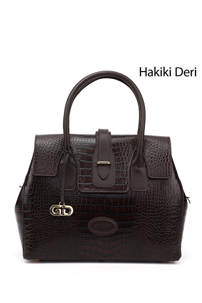 GÖNDERİ(R) حقيبة يد وكتف للنساء من جلد طبيعي بلاتينيوم باللون البني كراكو غون...