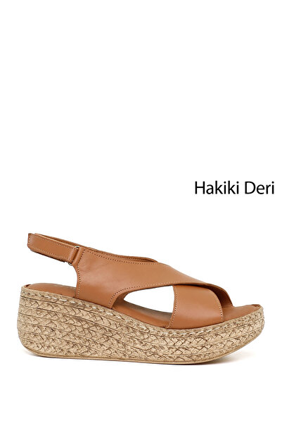 GÖNDERİ(R) Women's Tan Antique Velcro Strap Wedge Heel Genuine Leather Sandals