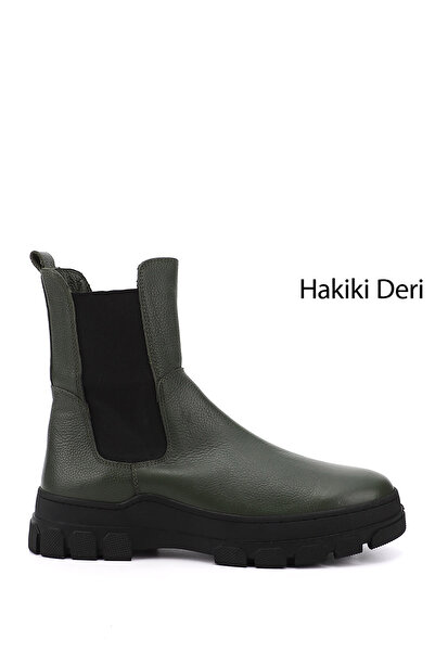 GÖNDERİ(R) حذاء تشيلسي من الجلد الطبيعي بنعل مطاطي كاكي للنساء/الفتيات