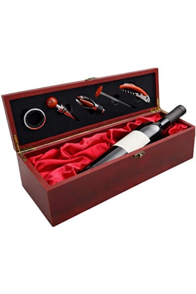 HEDİYE FİKRİ Ahşap Şarap Seti 5’li – Kiraz Ağacı Lüks Tirbuşon Kutusu (36×11 cm)