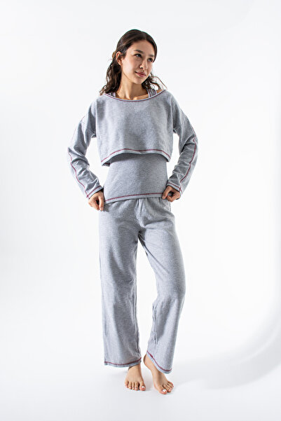 Ecrou Set de pijamale pentru femei, gri Melange Waffle, 3 piese, cu mâneci lungi