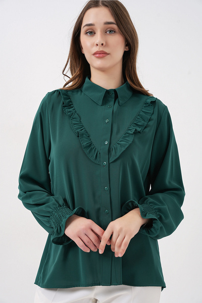 Bigdart 20223 Ruffled Long Sleeve Shirt - Emerald Green