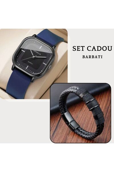 Geneva Men's set with watch and black leather bracelet