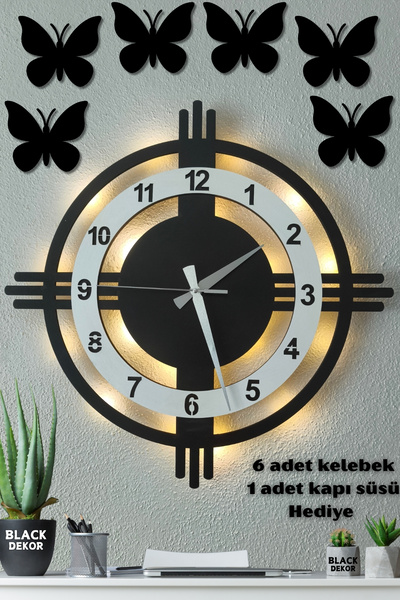 Blackdekor Beyaz Siyah Işıklı Modern Duvar Saati | Şık Duvar Saati Ve Dekorat...