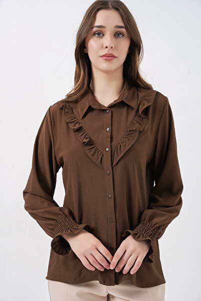 Bigdart 20223 Модел - Кафява риза с волани с дълъг ръкав