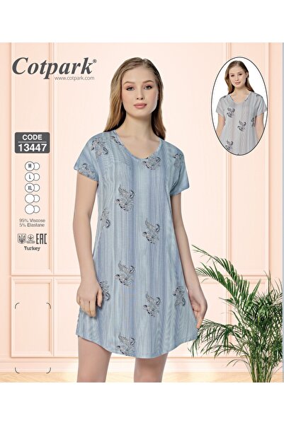 Cotpark Soft Textured Flexible Viscose Women's Nightgown / Ecru-Navy - 13447