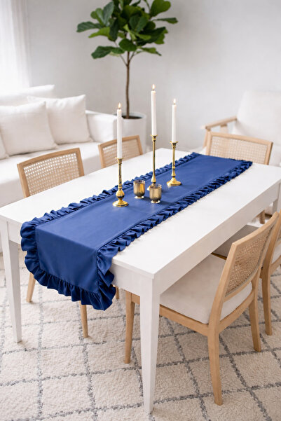 ÇIQRIK HOME Natural Fırfırlı Vintage Lacivert Runner Ranır 40x110 Cm