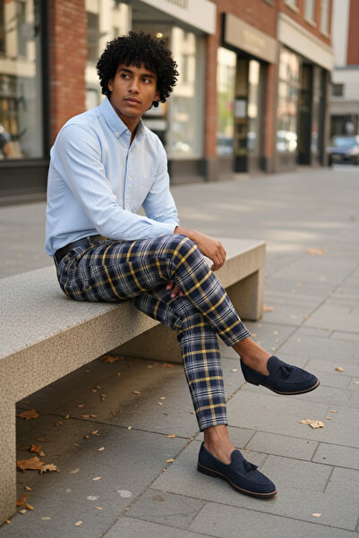 dehaine Men's casual pants, plaid, slim fit, Navy blue, 12116