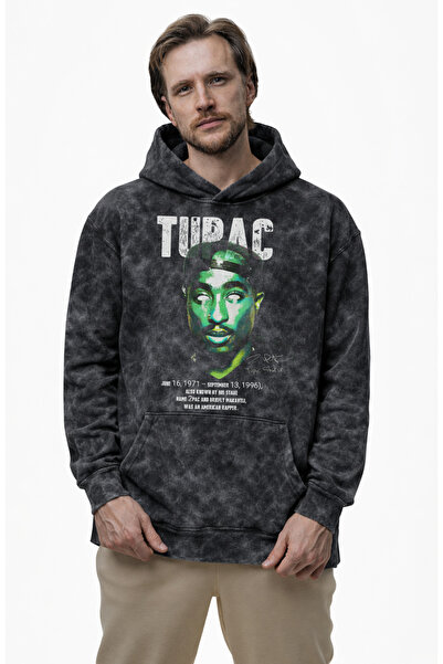 Fuddy Moda Hanorac oversize cu glugă cu imprimeu Tupac Shakur, lavabil, hanor...