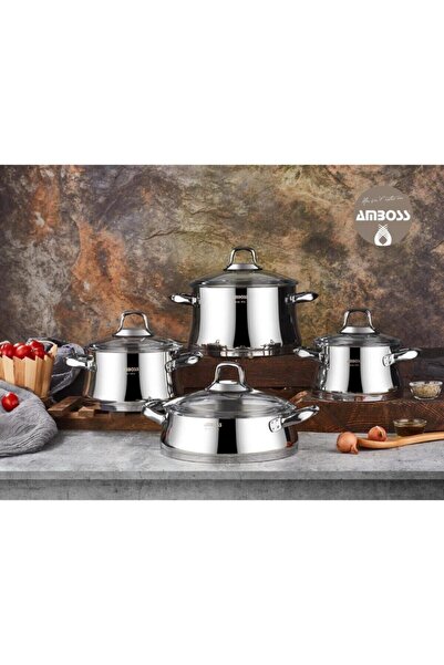 Amboss طقم أواني طهي أوريغون 8 قطع غطاء زجاجي