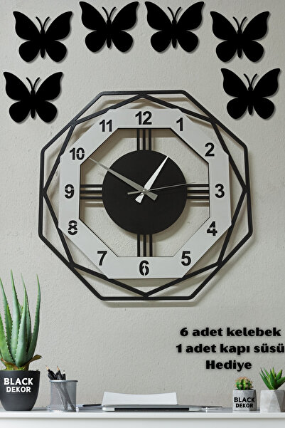 Blackdekor Beyaz Siyah 40 Cm Sekizgen Ahşap Duvar Saati | Modern Ve Dekoratif...