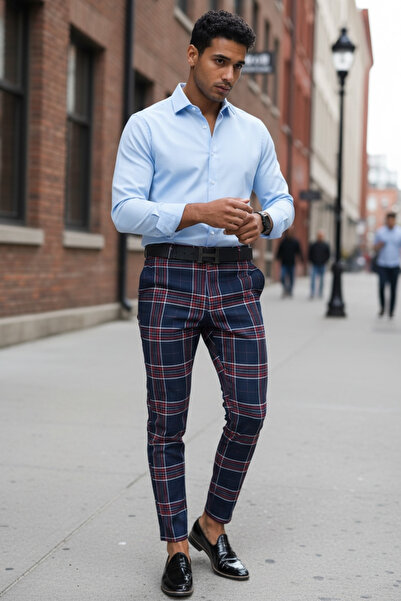 dehaine Men's casual pants, plaid, slim fit, Navy blue, B1546