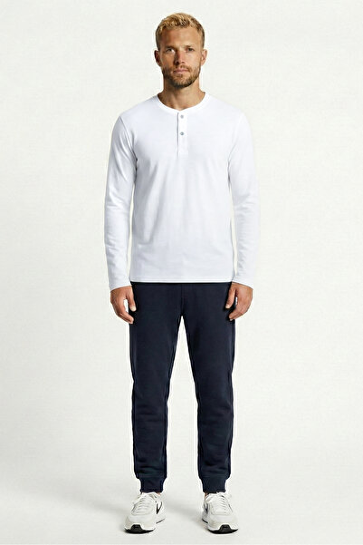 Cottonland Erkek CELSO Uzun Kollu Düğmeli O Yaka Baskısız Penye Tişört BEYAZ