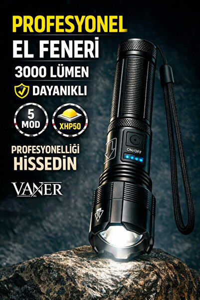 VANER Profesyonel El Feneri 3000 Lümen Süper Parlak Led Zoomlu 5 Mod Su Geçir...